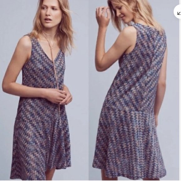 Anthropologie Maeve Westwater Knit Chevron Stripe Drop Waist Dress Retro Boho M - Picture 1 of 10